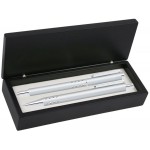 Custom Printed Dot Grip Pen Set - Silver Pen and Roller Pen Set, Crescent Moon Shape Clip, black wood gift box
