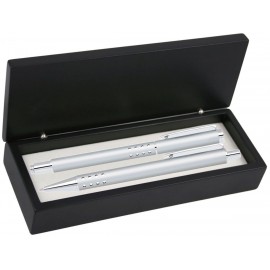 Dot Grip Pen Set - Silver Pen and Roller Pen Set, Crescent Moon Shape Clip, black wood gift box with Logo