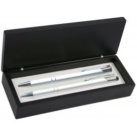 Custom Imprinted JJ Series Silver Stylus Pen and Pencil Set in Black wood Presentation Gift Box