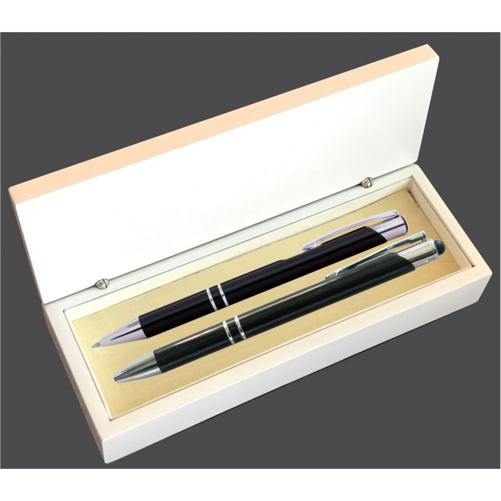 JJ Series Black Stylus Pen and Pencil Set in white wood Presentation Gift Box Logo Branded JJ Series Black Stylus Pen and Pencil Set in white wood Presentation Gift Box Logo Branded
