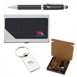 Logo Branded Carbon Fiber Pen, Business Card Case and Chrome Keyring Set