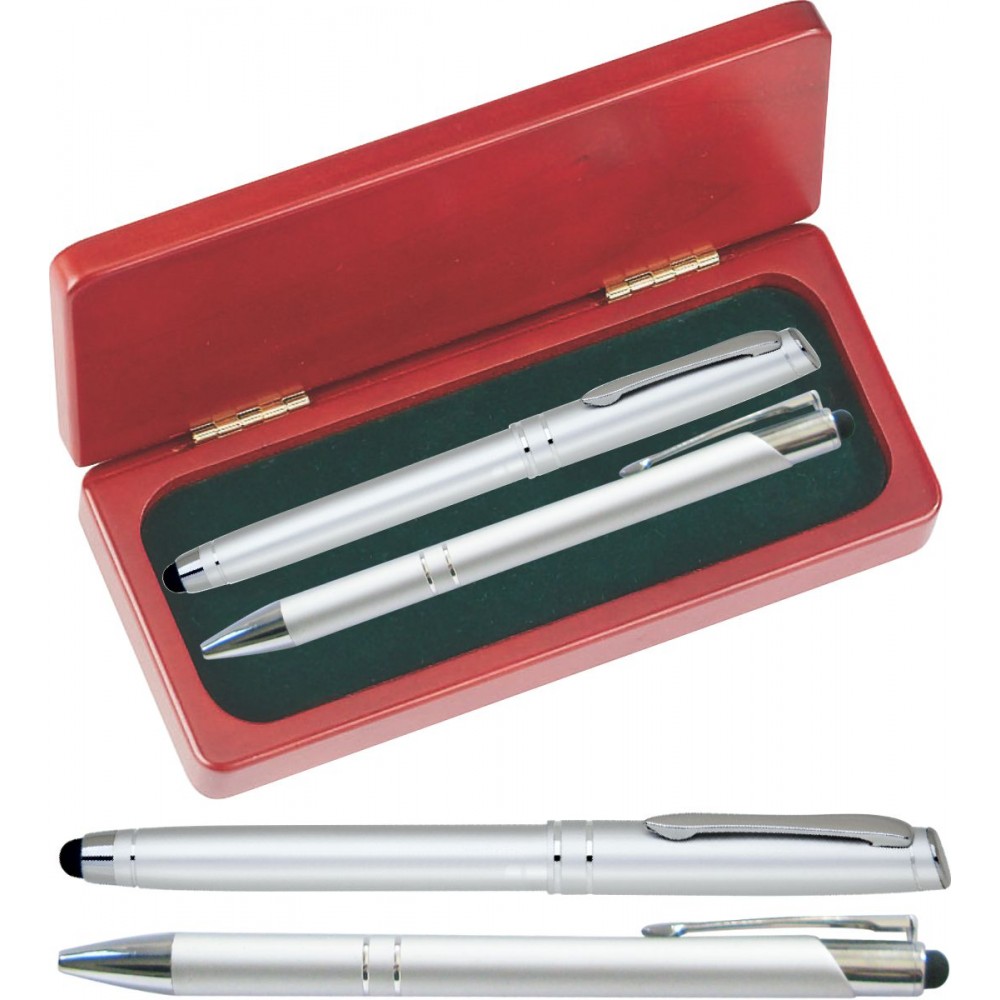 Custom Imprinted Mercury II Silver Stylus Pen and Roller Pen Gift Set in Rosewood Gift Box Custom Imprinted Mercury II Silver Stylus Pen and Roller Pen Gift Set in Rosewood Gift Box