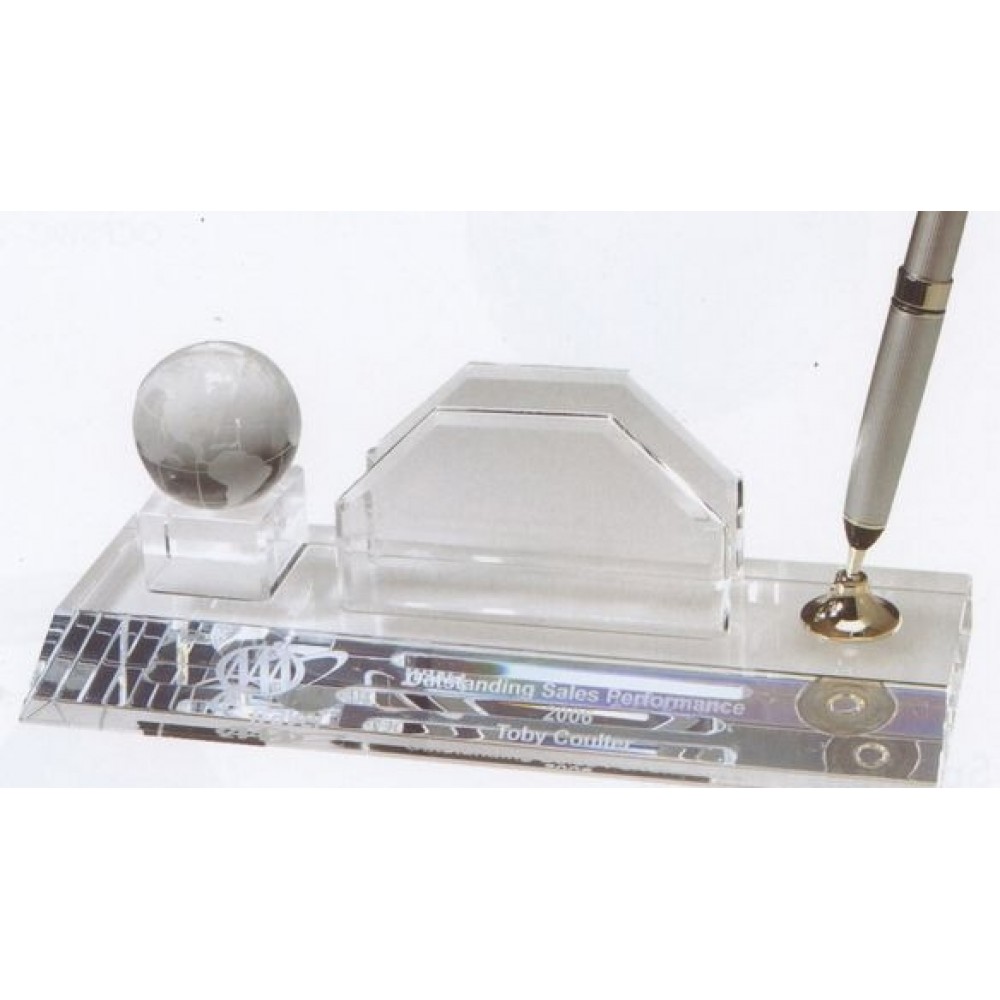 Optical Crystal Globe Pen Set w/Business Card Holder & Pearl Black Pen Custom Printed