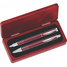 Logo Branded Dot Grip Pen Set Series- Red Pen and Roller Pen Set, Crescent Moon Shape Clip, Rosewood gift box
