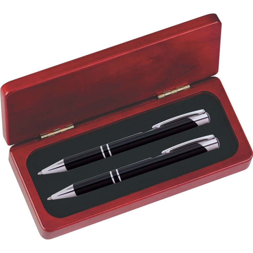 Custom Printed JJ Series Black Pen and Pencil Set in Rosewood Presentation Gift Box