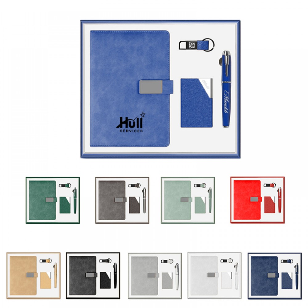 4-Piece Office Gift Set: Metal Signature Pen, Keychain, Leatherette Notebook & Business Card Case Custom Printed