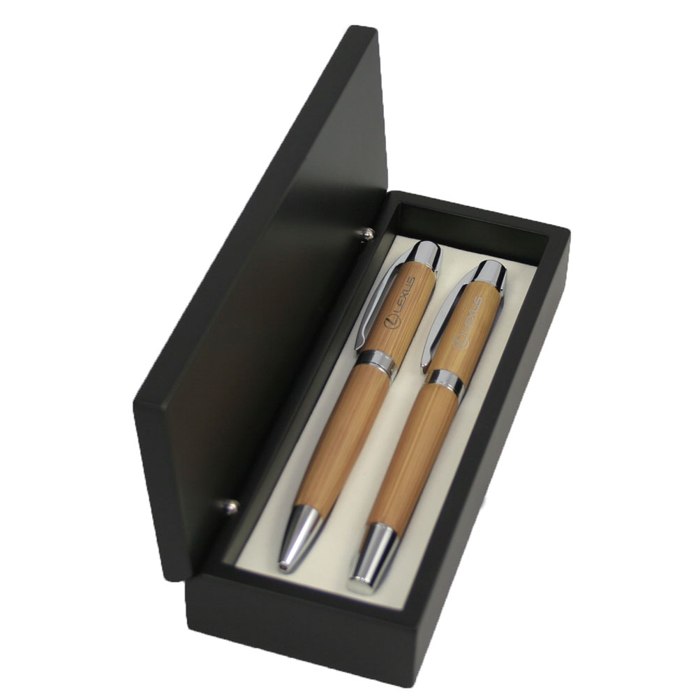 Bamboo Finish Ballpoint and Roller Ball Pen Set Logo Branded Bamboo Finish Ballpoint and Roller Ball Pen Set Logo Branded