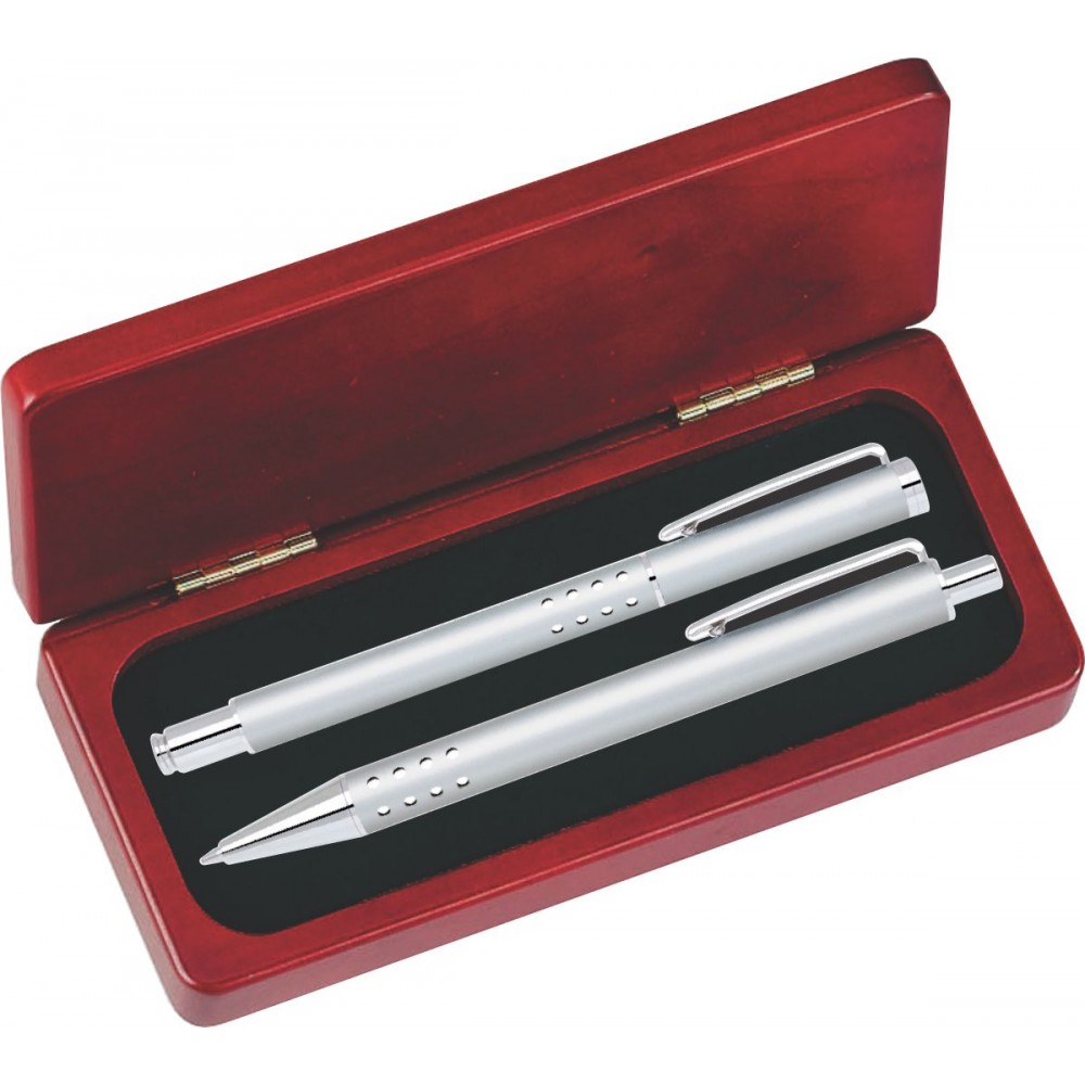 Dot Grip Pen Set Series- Silver Pen and Roller Pen Set, Crescent Moon Shape Clip, Rosewood gift box Custom Imprinted