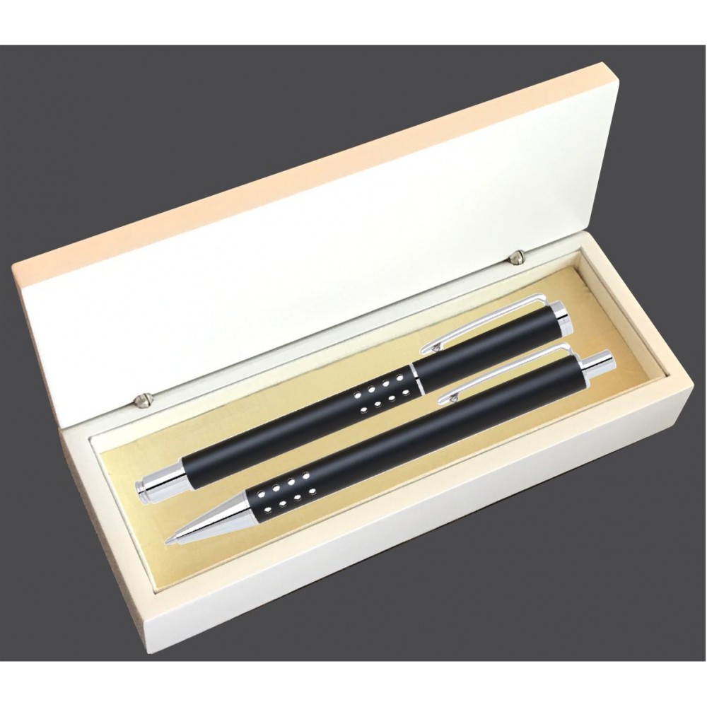 Custom Printed Dot Grip Pen Set Series- Black Pen and Roller Pen Set, Crescent Moon Shape Clip, white gift box