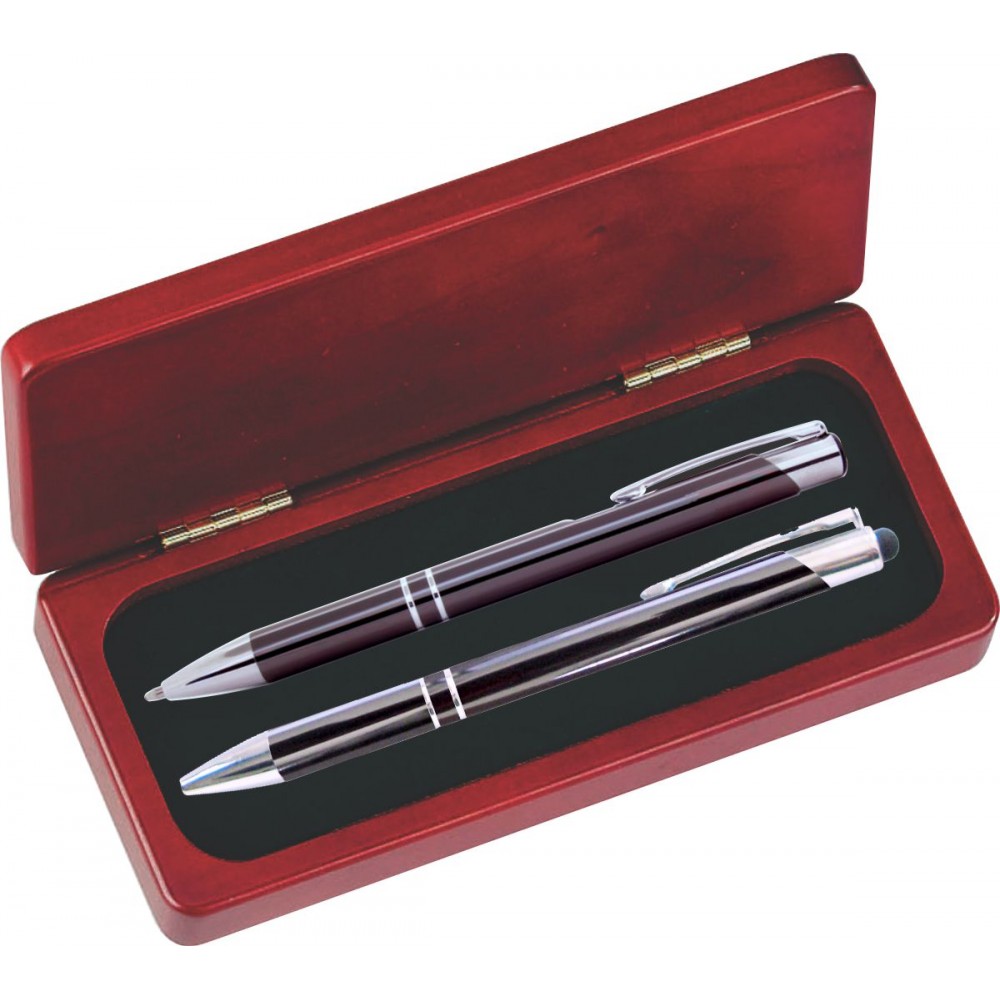 JJ Series Gunmetal Stylus Pen and Pencil Set in Rosewood Presentation Gift Box Custom Imprinted