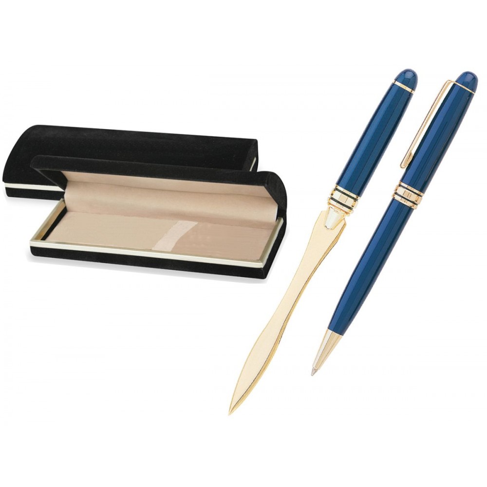 Logo Branded MB Series Pen and Letter Opener Gift Set in black velvet gift box - blue pen set