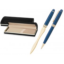 Logo Branded MB Series Pen and Letter Opener Gift Set in black velvet gift box - blue pen set