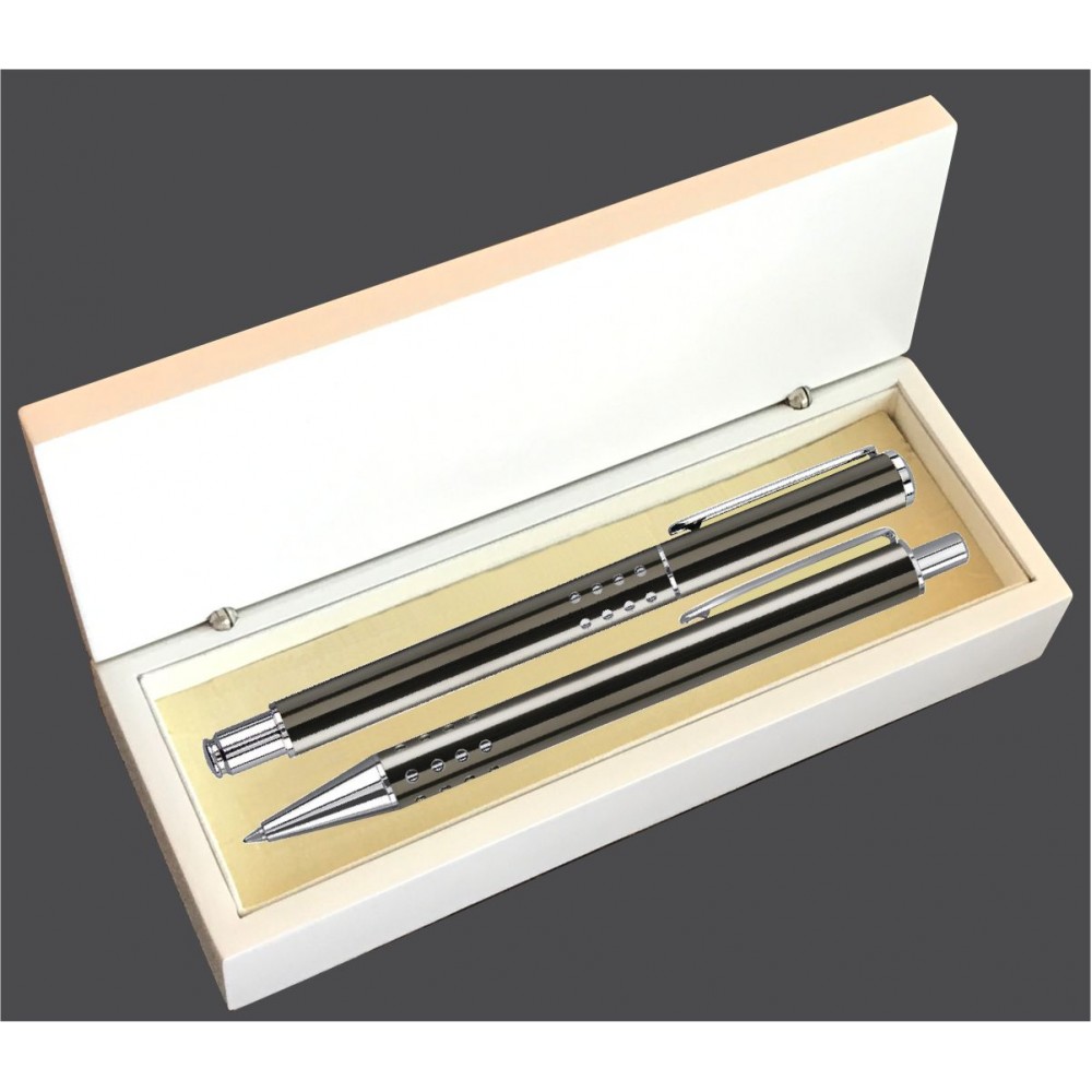 Custom Printed Dot Grip Pen Set Series- Gray Pen and Roller Pen Set, Crescent Moon Shape Clip, white gift box