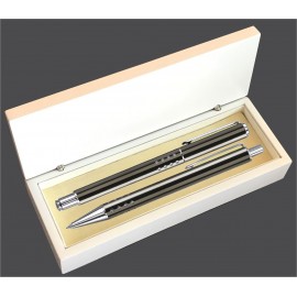 Logo Branded Dot Grip Pen Set Series- Gray Pen and Roller Pen Set, Crescent Moon Shape Clip, white gift box