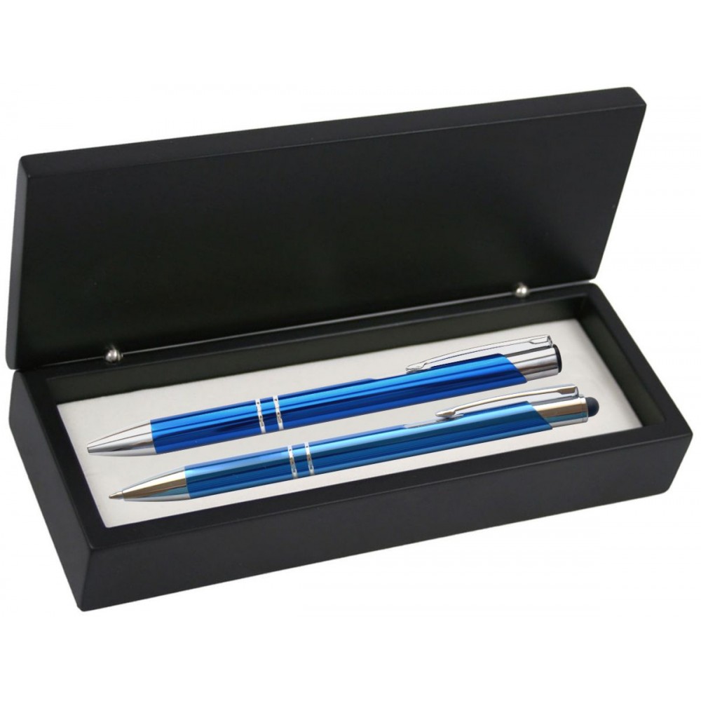 Custom Printed JJ Series Blue Stylus Pen and Pencil Set in Black wood Presentation Gift Box Custom Printed JJ Series Blue Stylus Pen and Pencil Set in Black wood Presentation Gift Box