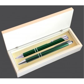 Custom Imprinted JJ Series Green Stylus Pen and Pencil Set in white wood Presentation Gift Box
