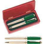 Custom Imprinted WM Series Pen and Roller Pen Gift Set in Rosewood gift box - green pen set