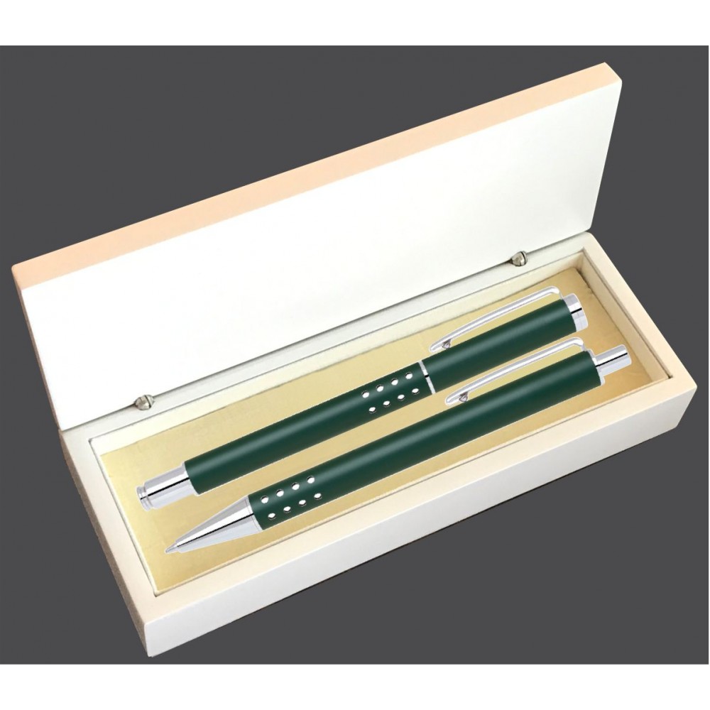 Dot Grip Pen Set Series- Green Pen and Roller Pen Set, Crescent Moon Shape Clip, white gift box Custom Imprinted