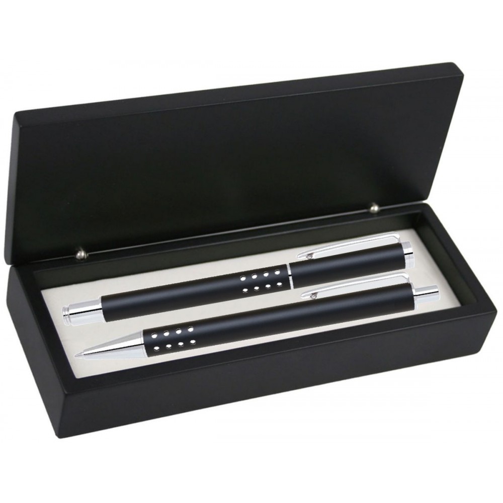 Custom Imprinted Dot Grip Pen Set Series- Black Pen and Roller Pen Set, Crescent Moon Shape Clip, black wood gift box