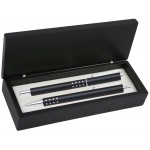 Custom Imprinted Dot Grip Pen Set Series- Black Pen and Roller Pen Set, Crescent Moon Shape Clip, black wood gift box