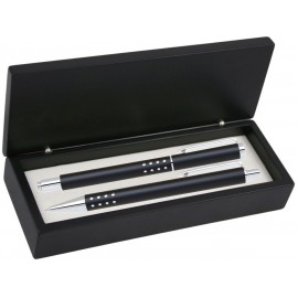 Custom Imprinted Dot Grip Pen Set Series- Black Pen and Roller Pen Set, Crescent Moon Shape Clip, black wood gift box