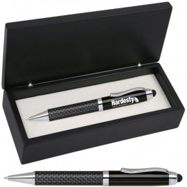 Promotional FIBERTEC Series Stylus Pen, black carbon fiber barrel stylus pen with black wood gift box