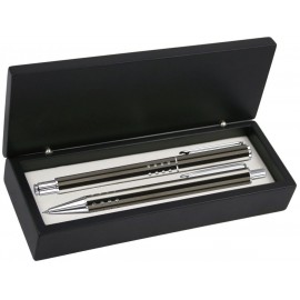 Promotional Dot Grip Pen Set Series- Gray Pen and Roller Pen Set, Crescent Moon Shape Clip, black wood gift box  Promotional Dot Grip Pen Set Series- Gray Pen and Roller Pen Set, Crescent Moon Shape Clip, black wood gift box