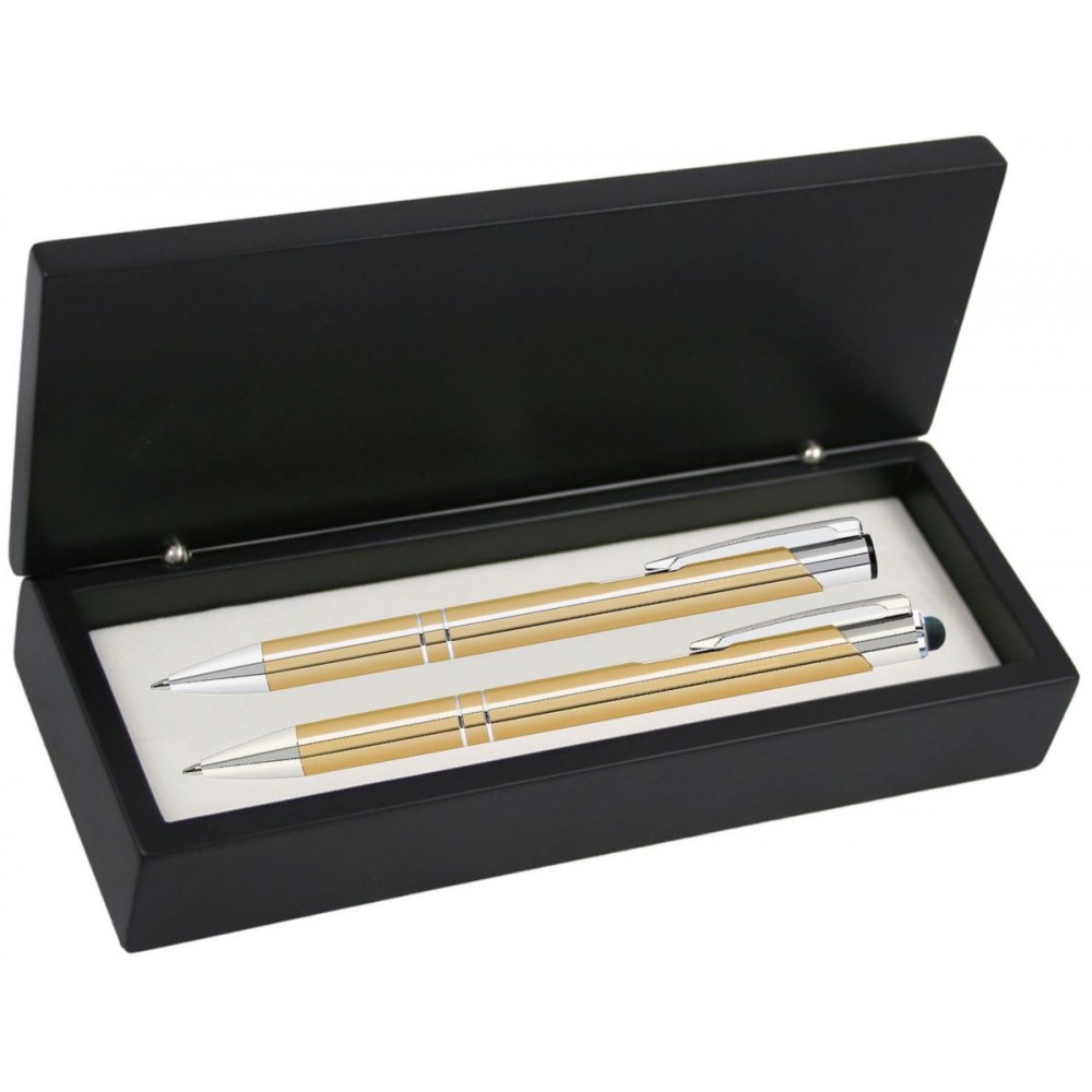 Custom Imprinted JJ Series Gold Stylus Pen and Pencil Set in Black wood Presentation Gift Box Custom Imprinted JJ Series Gold Stylus Pen and Pencil Set in Black wood Presentation Gift Box