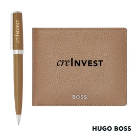 Hugo Boss Ballpoint Pen & Wallet Set - Camel with Logo  Hugo Boss Ballpoint Pen & Wallet Set - Camel with Logo