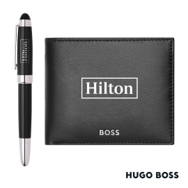 Hugo Boss Rollerball Pen & Wallet Set- Black with Logo  Hugo Boss Rollerball Pen & Wallet Set- Black with Logo