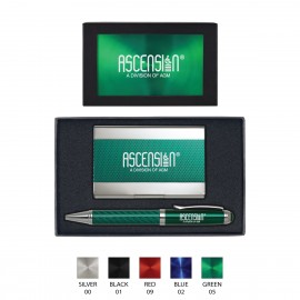 Carbon Fiber Ballpoint Pen and Carbon Fiber Business Card Holder Gift Set Logo Branded