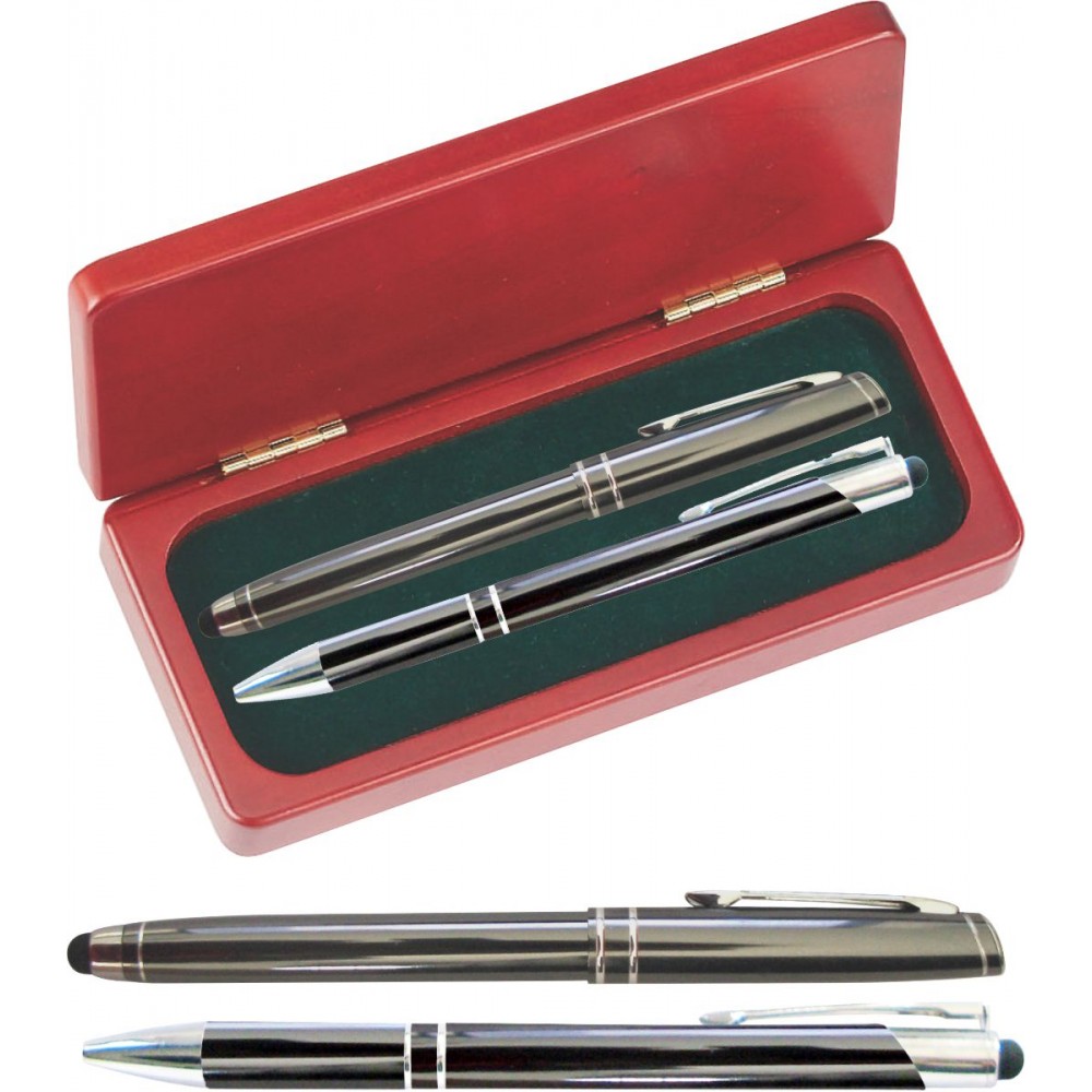 Logo Branded Mercury II Gunmetal gray Stylus Pen and Roller Pen Gift Set in Rosewood Gift Box Logo Branded Mercury II Gunmetal gray Stylus Pen and Roller Pen Gift Set in Rosewood Gift Box