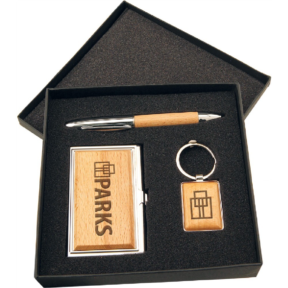 Custom Imprinted Wood Pen, Keychain and Business Card Holder Gift Set in Black Presentation Box Custom Imprinted Wood Pen, Keychain and Business Card Holder Gift Set in Black Presentation Box