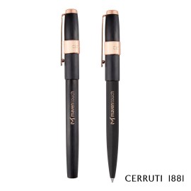 Logo Branded Cerruti 1881 Block Brushed Ballpoint Pen & Rollerball Pen Gift Set- Black