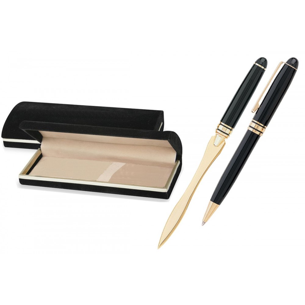 MB Series Pen and Letter Opener Gift Set in black velvet gift box - black pen set Logo Branded