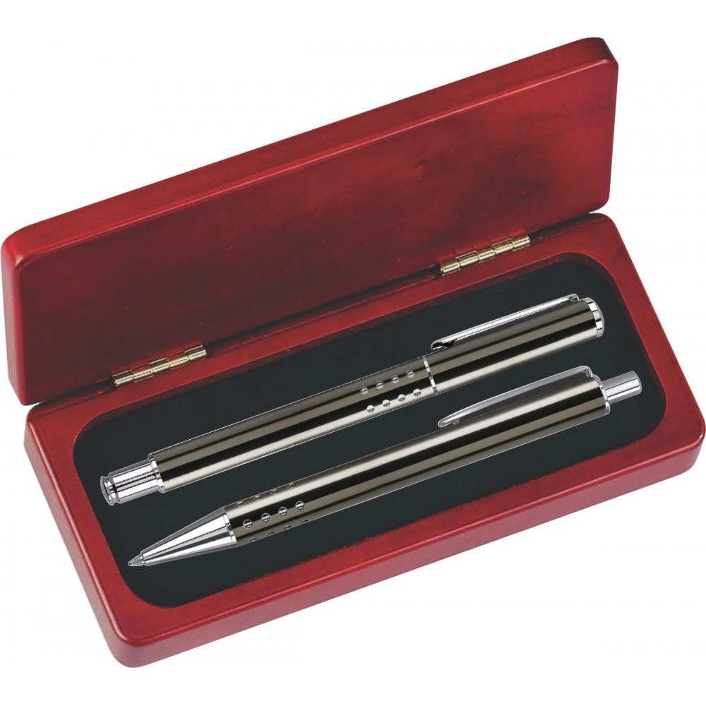 Custom Imprinted Dot Grip Pen Set Series- Gray Pen and Roller Pen Set, Crescent Moon Shape Clip, Rosewood gift box