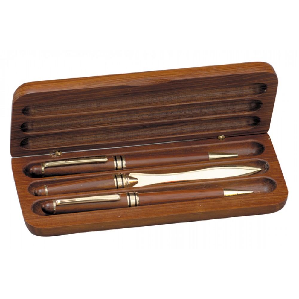 3 Piece Rosewood Pen, Pencil & Letter Opener Set in Rosewood Box Custom Imprinted
