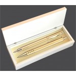 Custom Imprinted Dot Grip Pen Set Series- Gold Pen and Roller Pen Set, Crescent Moon Shape Clip, white gift box
