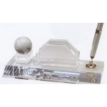 Logo Branded Optical Crystal Globe Pen Set w/Business Card Holder & Silver Pen