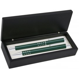 Custom Imprinted Dot Grip Pen Set Series- Green Pen and Roller Pen Set, Crescent Moon Shape Clip, black wood gift box