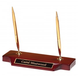 Double Gold-Tone Pen Set on Rosewood Piano Finish Base Logo Branded
