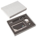 Custom Printed Carbon Fiber Pen, Business Card Case and Chrome Keyring Set