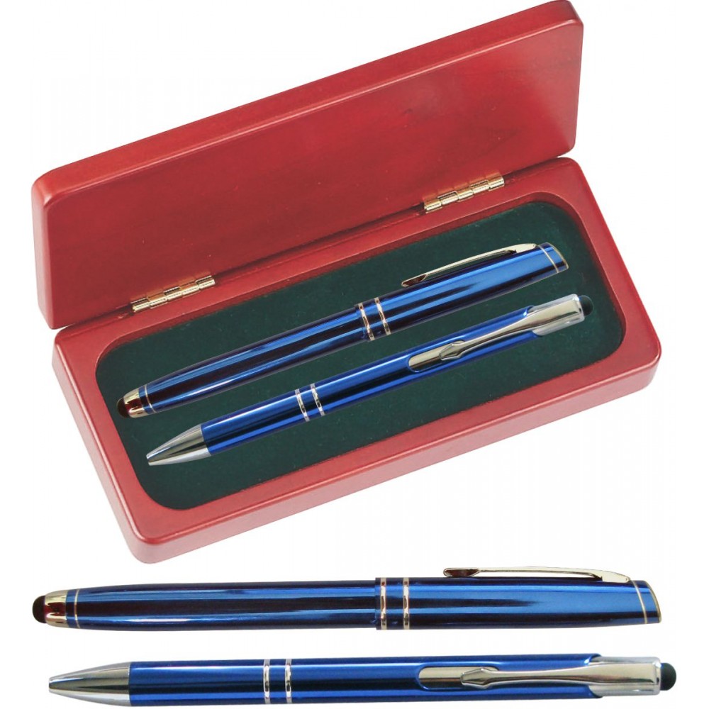 Mercury II Blue Stylus Pen and Roller Pen Gift Set in Rosewood Gift Box Custom Printed Mercury II Blue Stylus Pen and Roller Pen Gift Set in Rosewood Gift Box Custom Printed