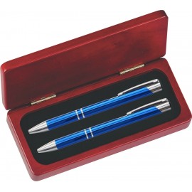 Custom Imprinted JJ Series Blue Pen and Pencil Set in Rosewood Presentation Gift Box