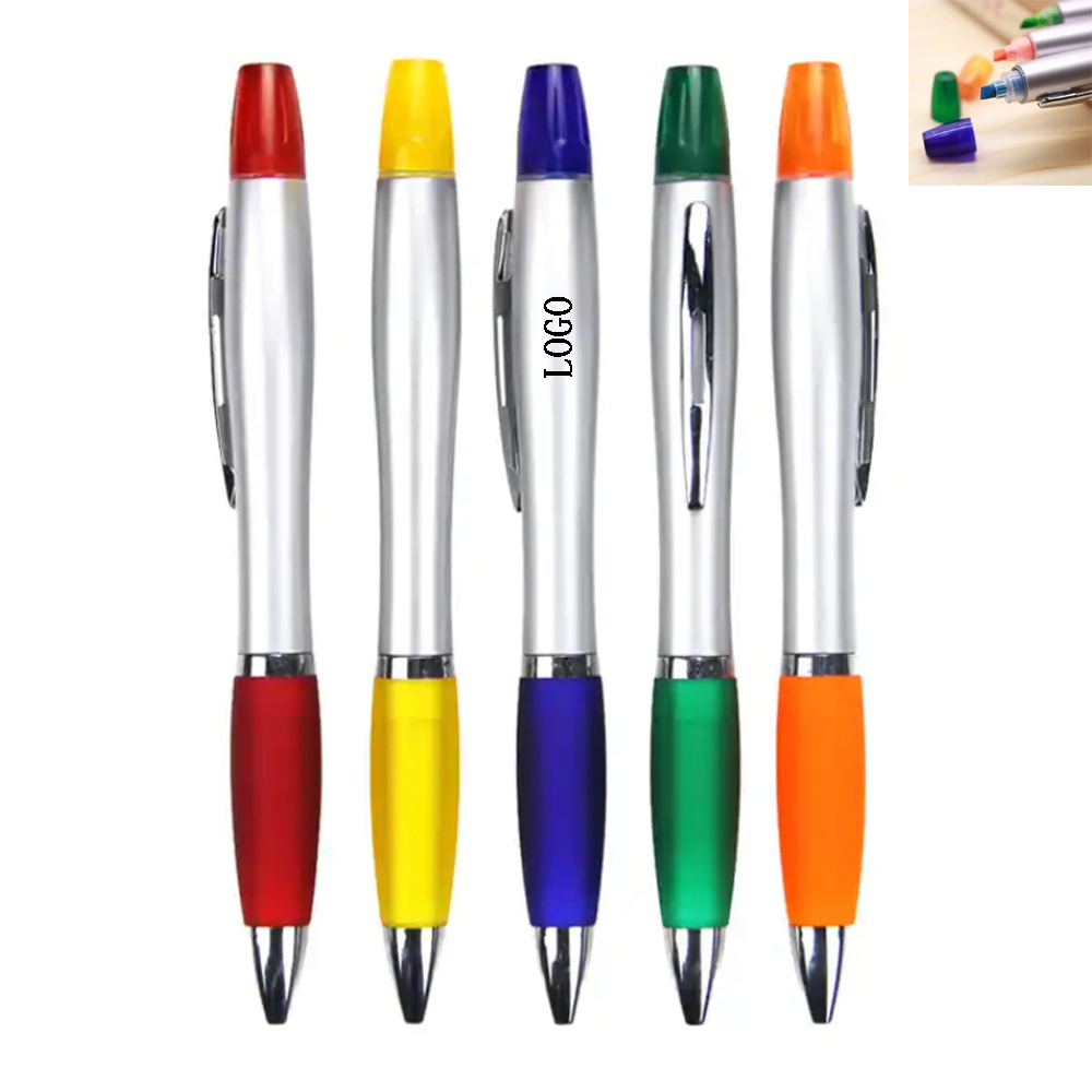 2-in-1 Plastic Click Action Ballpoint Pen w/Highlighter & Rubber Grip Section with Logo 2-in-1 Plastic Click Action Ballpoint Pen w/Highlighter & Rubber Grip Section with Logo