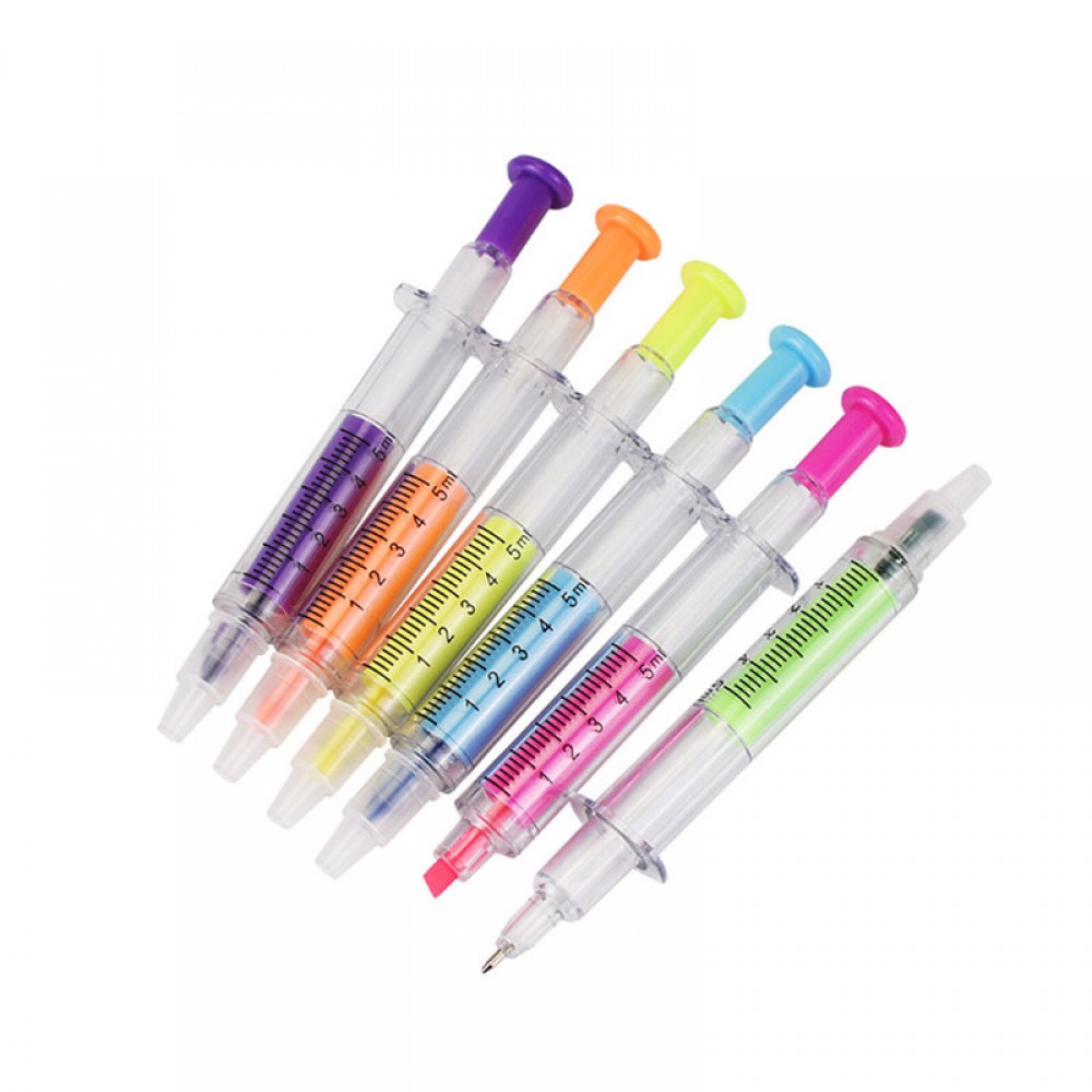 ABS Plastic Novelty Syringe Shaped Double Ended Highlighter Ballpoint Pen w/Transparent Barrel with Logo ABS Plastic Novelty Syringe Shaped Double Ended Highlighter Ballpoint Pen w/Transparent Barrel with Logo