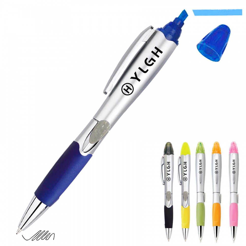 Silver Barrel Ballpoint Pen With Highlighter with Logo