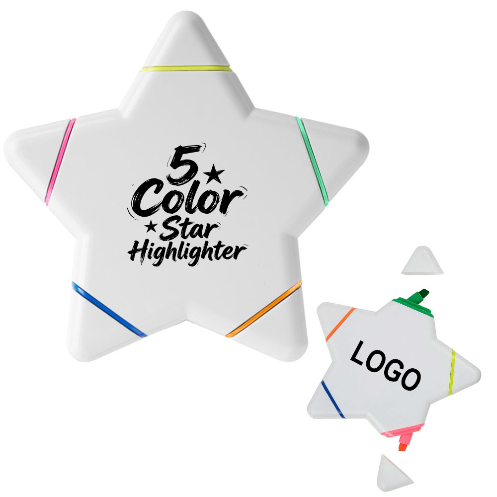 PP Plastic Student Note Star Shaped Five Color Highlighter with Logo