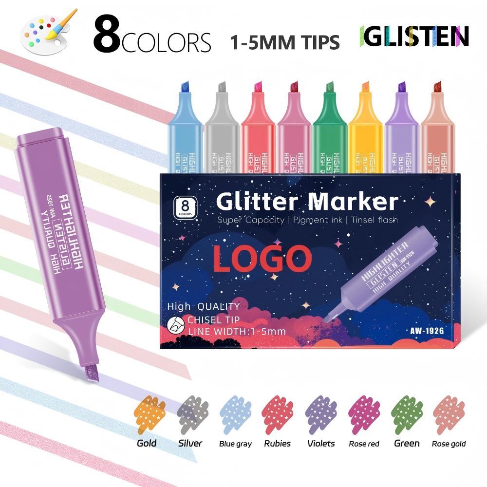 Personalized Metallic & Fluorescent Color Series Glitter Highlighter Pen Set