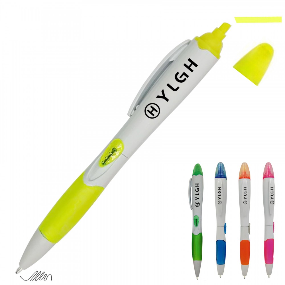 White Barrel Ballpoint Pen With Highlighter with Logo